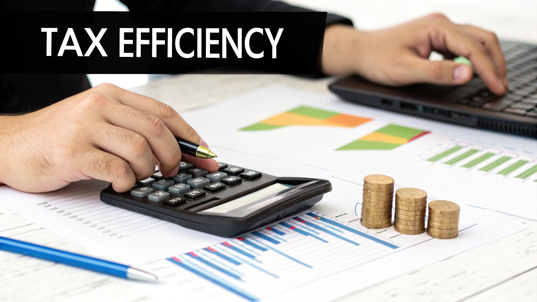 Person using calculator and computer to analyze financial charts for tax efficiency planning