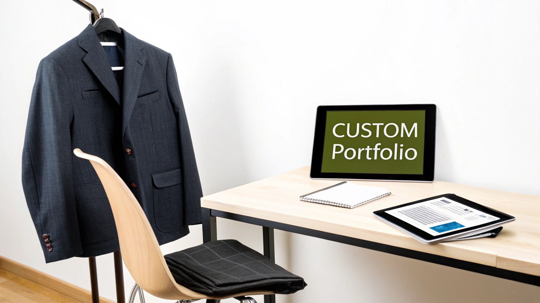 Professional desk setup with tablet displaying custom portfolio text and business suit