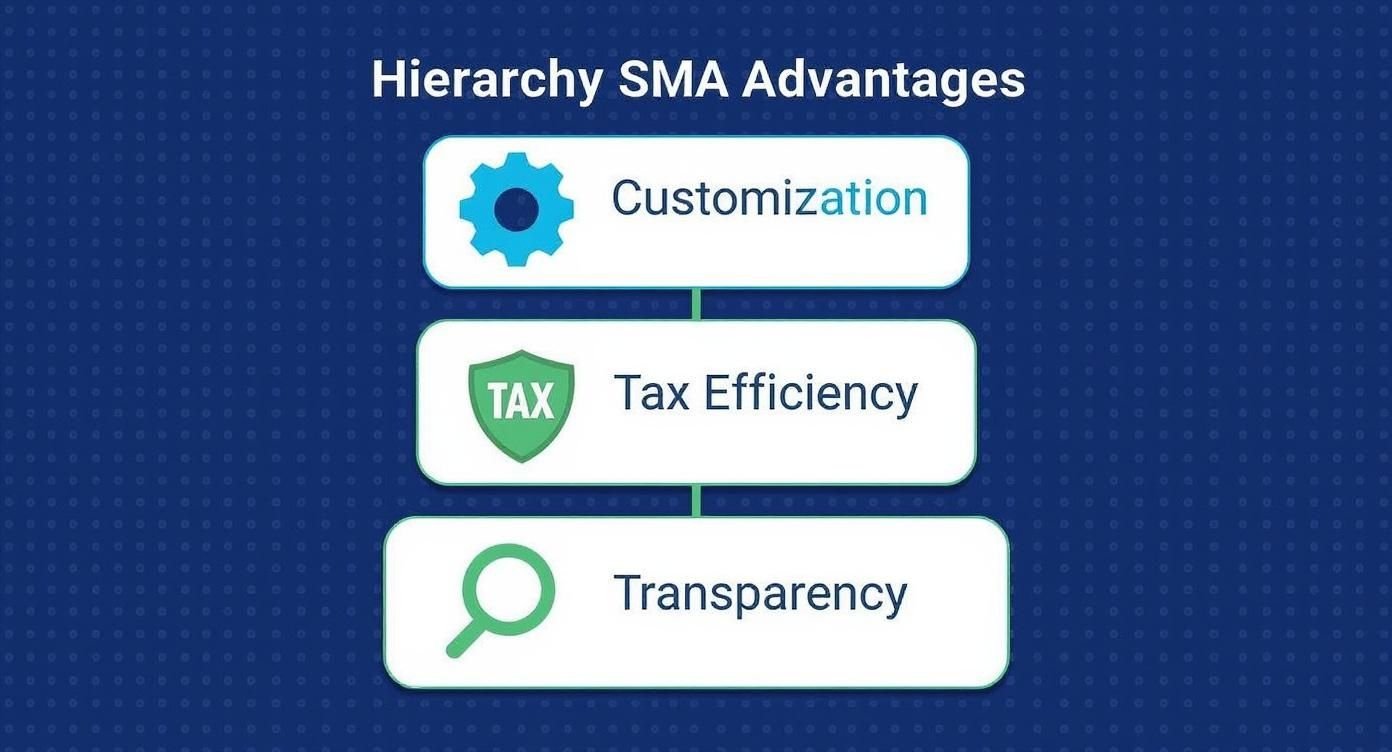 Hierarchy chart showing three SMA advantages: customization, tax efficiency, and transparency with icons