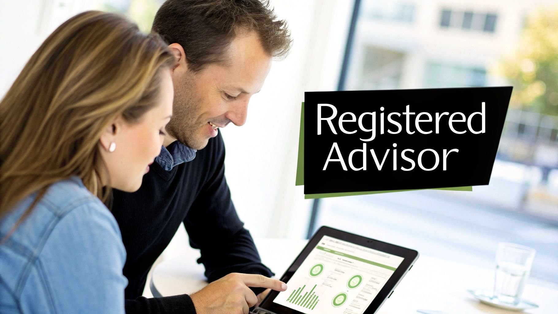 A smiling man and woman looking at a tablet with business graphs, marked "Registered Advisor".