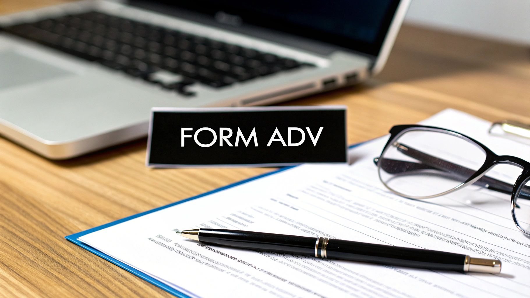A desk with a laptop, 'FORM ADV' sign, documents, a pen, and glasses.