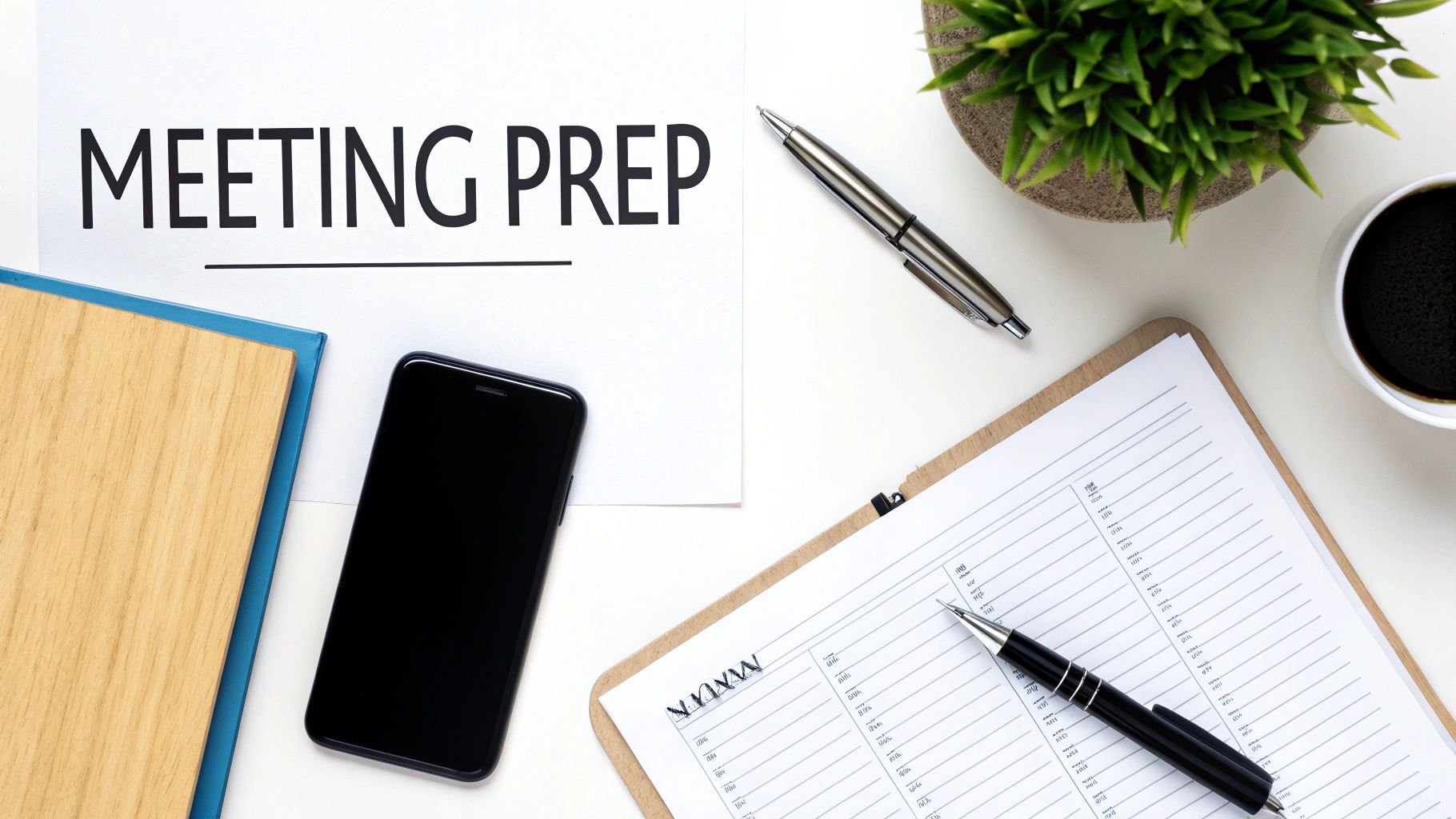 Overhead view of a meeting prep flat lay with a document, smartphone, planner, pens, coffee, and plant.