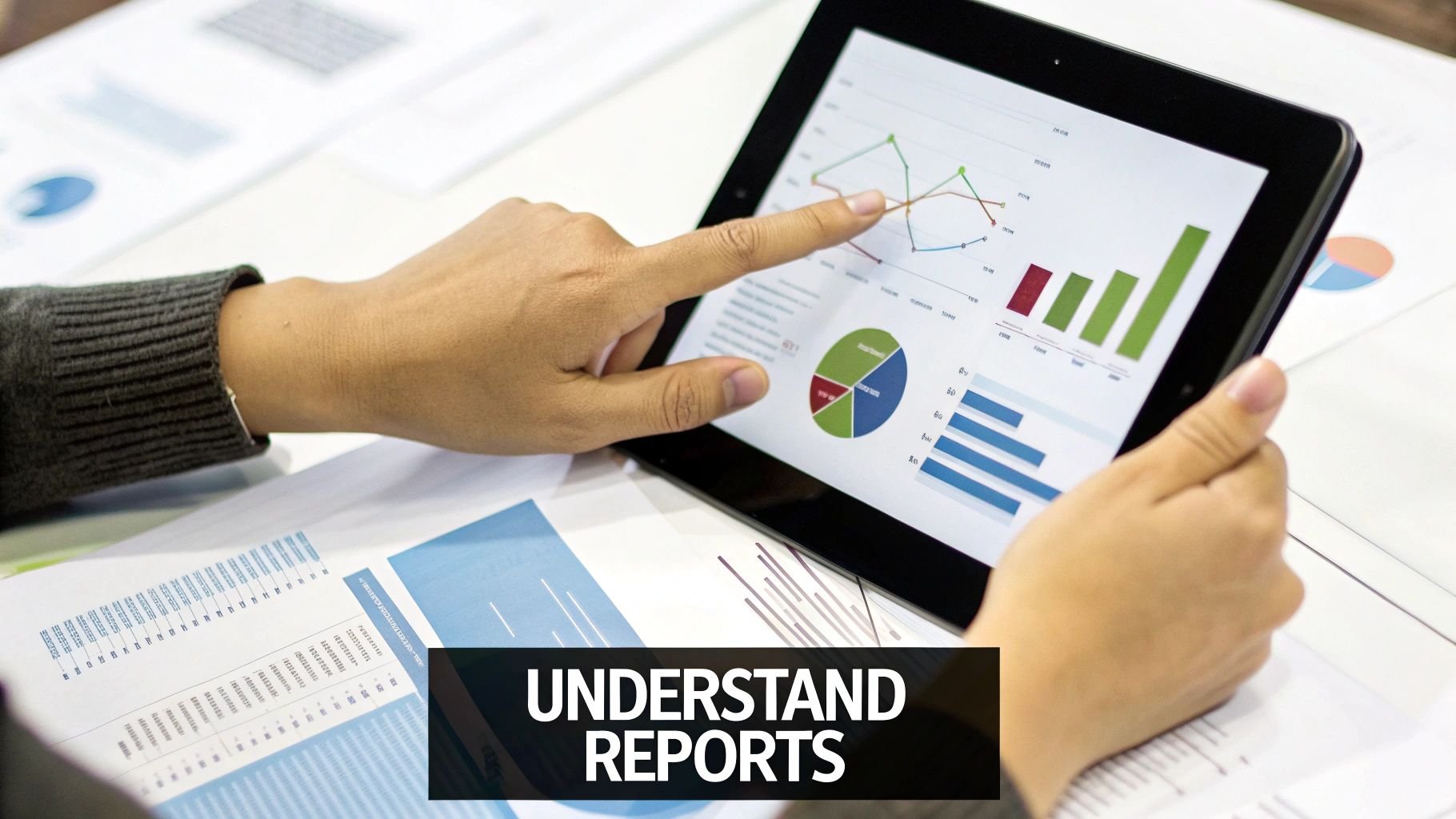 A person's hands interacting with a tablet displaying various charts and graphs on a desk.