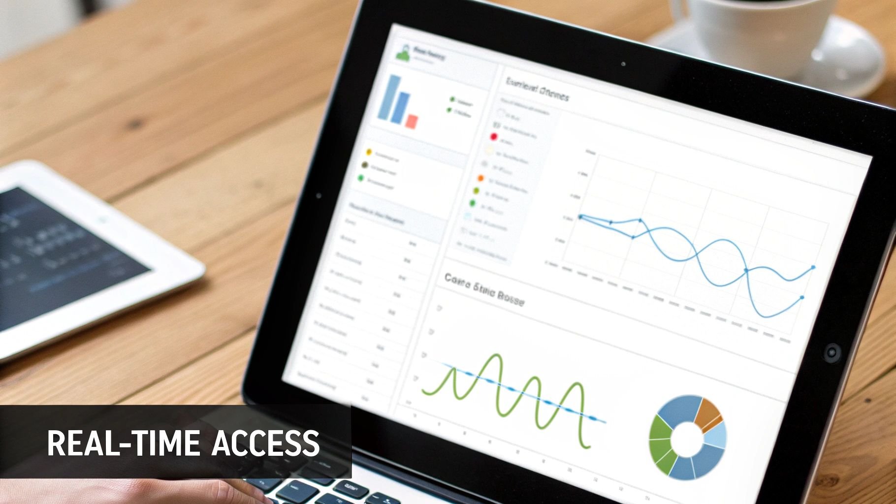 A person uses a tablet displaying various data analytics charts and graphs for real-time access.