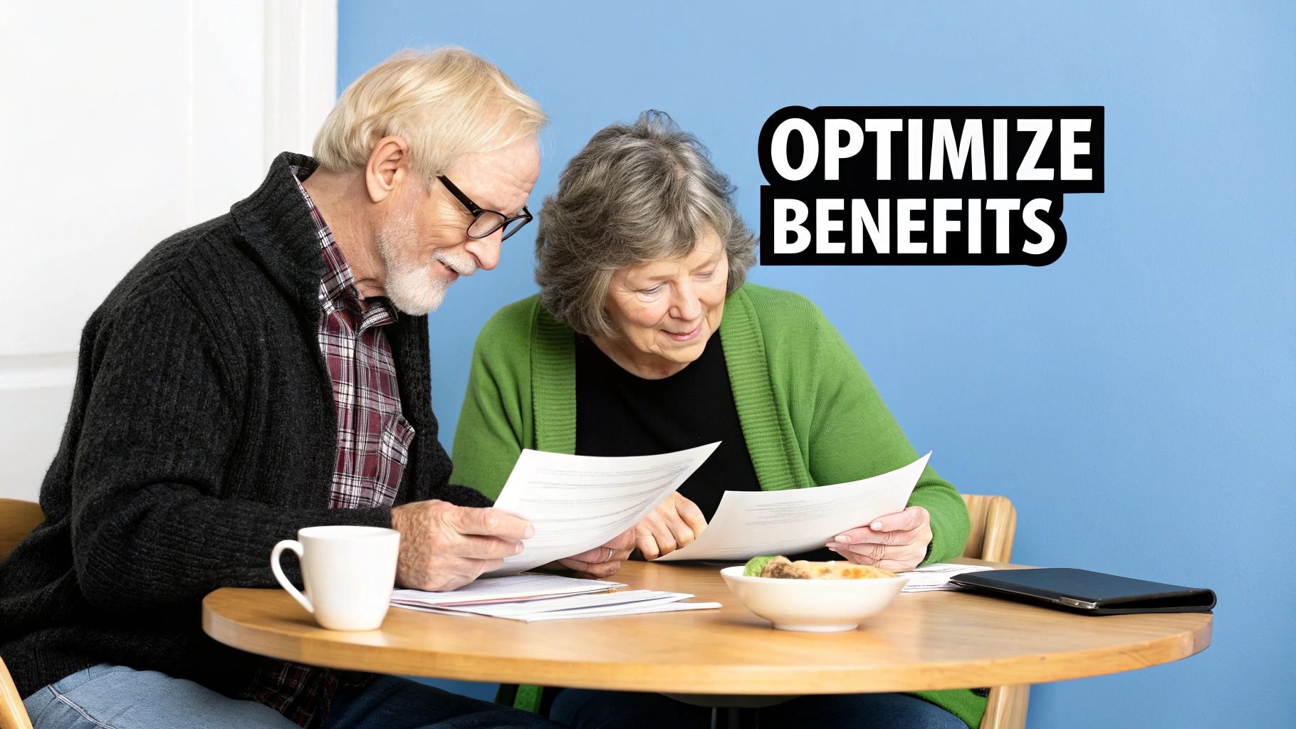 Two seniors smiling, reviewing documents at a table with "OPTIMIZE BENEFITS" text.