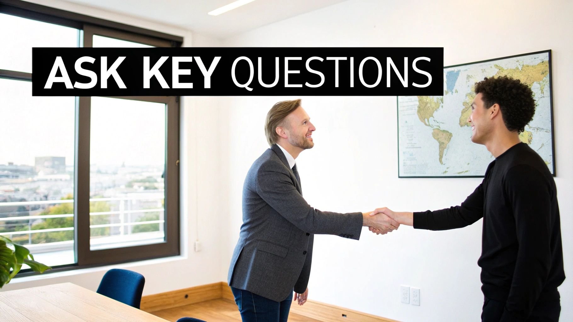 Two smiling men shaking hands in a modern office, with 'ASK KEY QUESTIONS' overlaid.