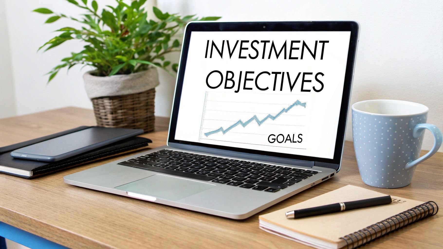 A laptop displays 'Investment Objectives' and a growth chart, surrounded by desk items.