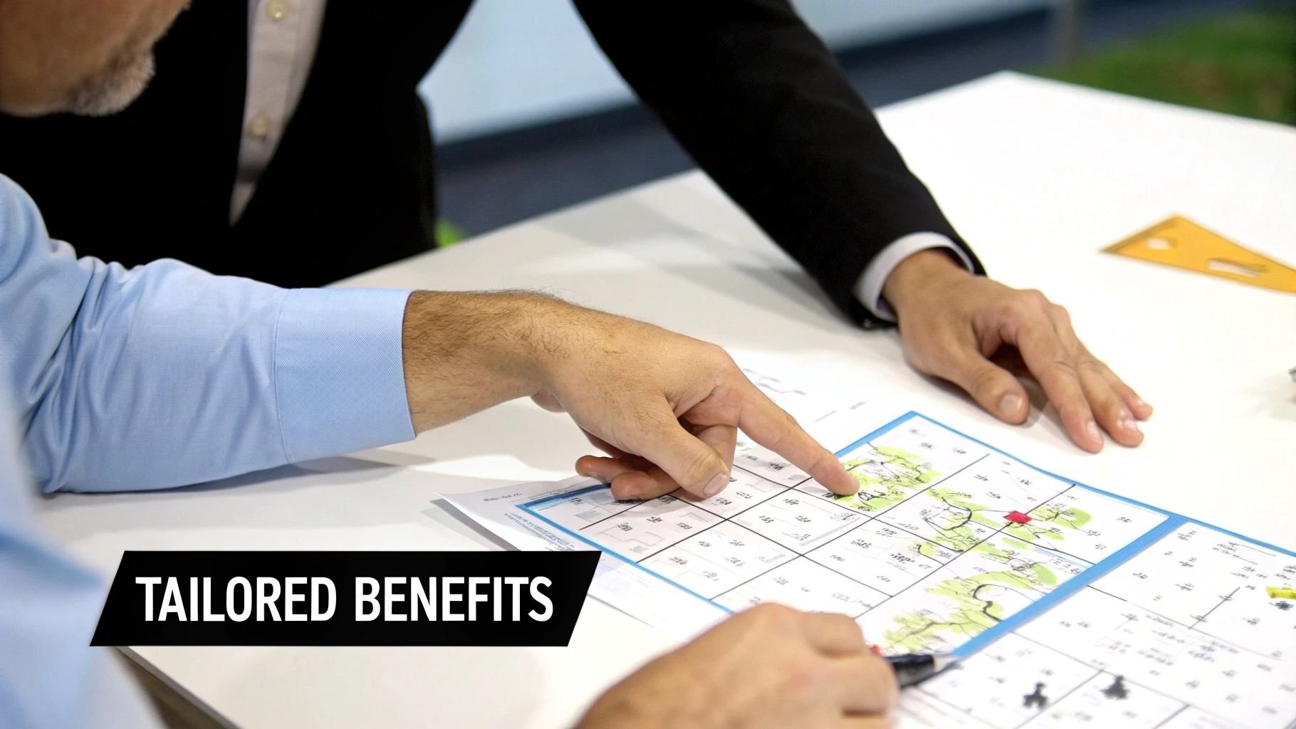 Two professionals collaboratively reviewing detailed plans on a table, highlighting tailored benefits.