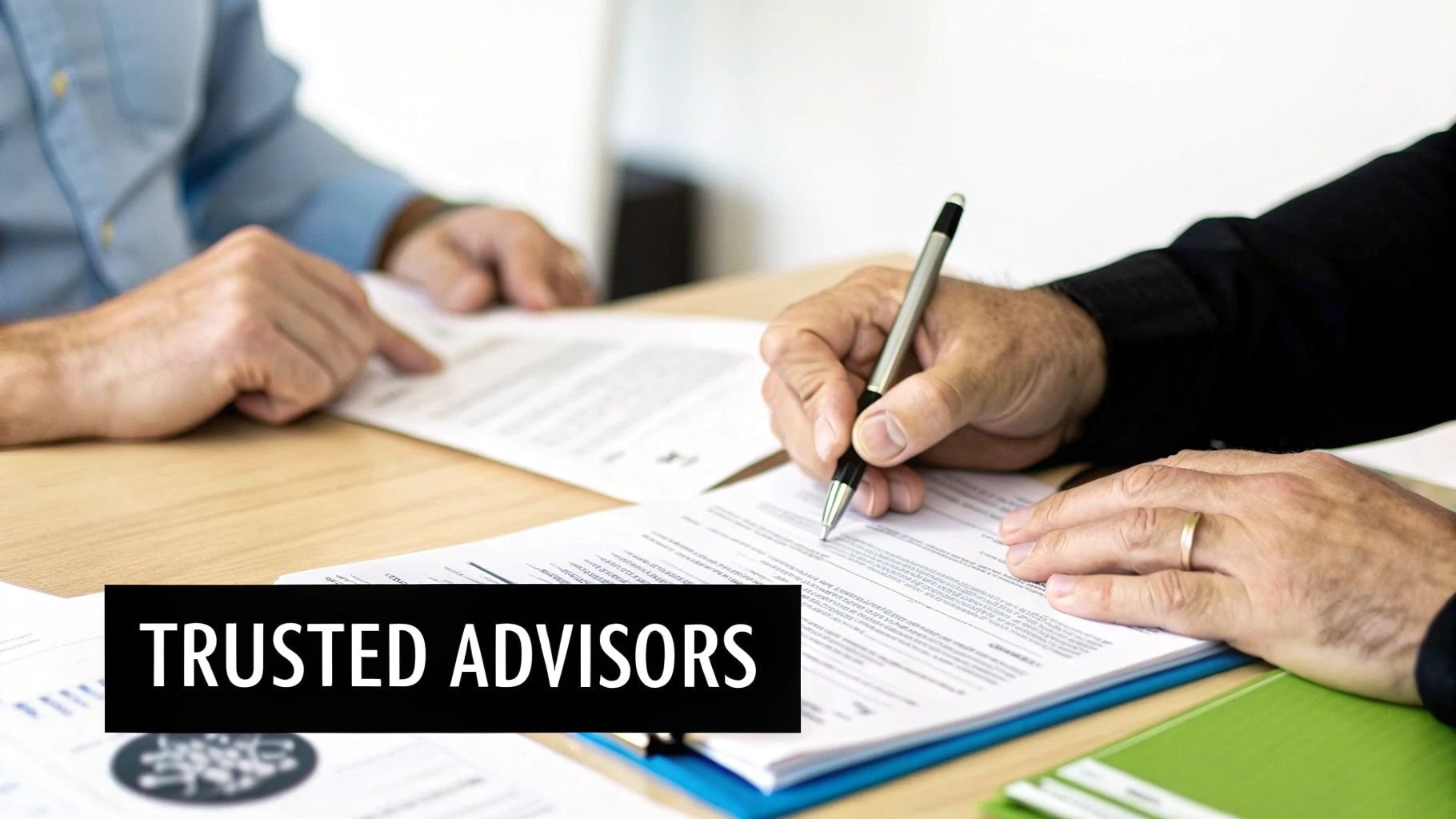Two men reviewing documents at a table, one pointing, the other signing, with 'Trusted Advisors' overlay.