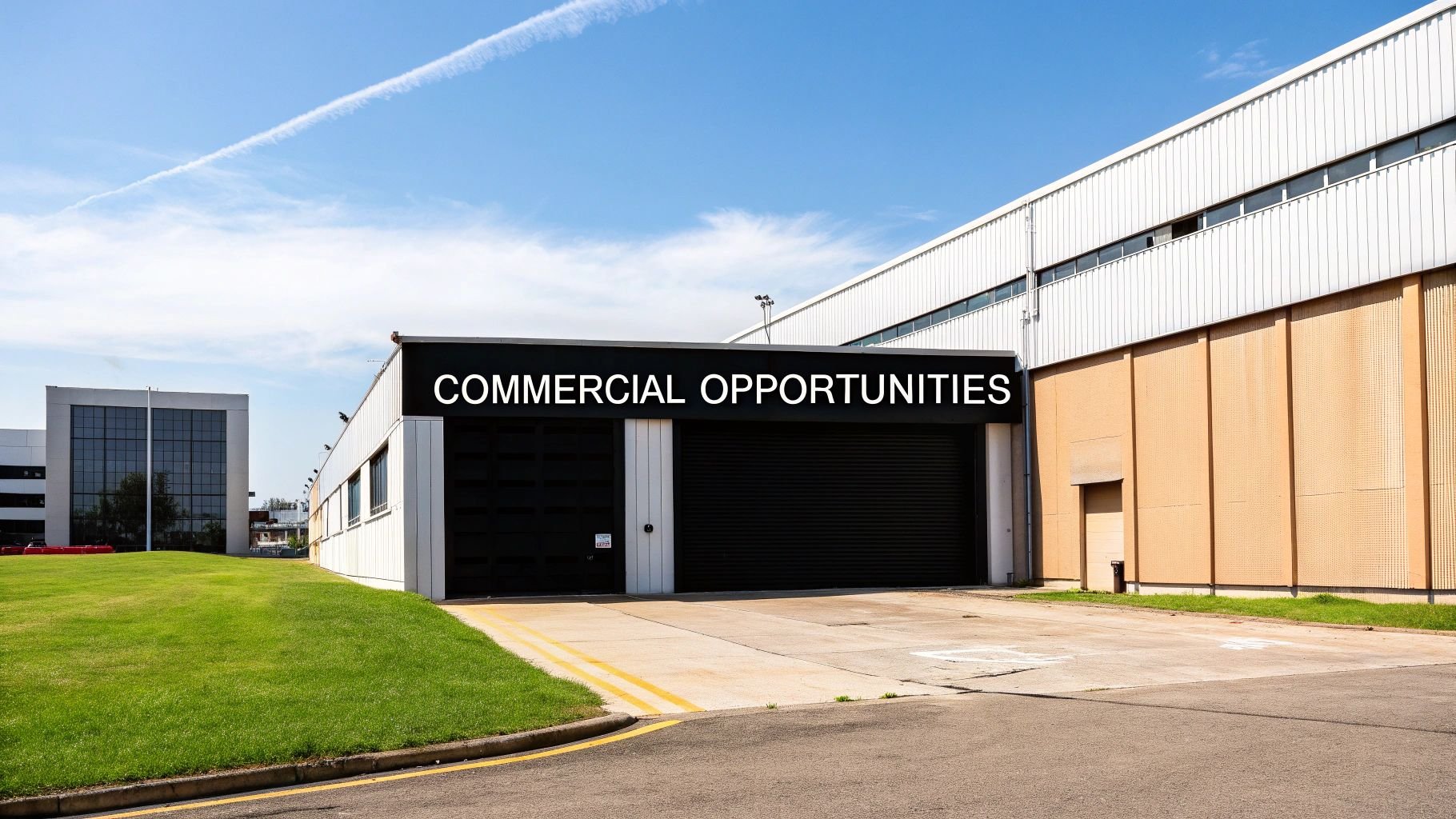 An industrial building with 'COMMERCIAL OPPORTUNITIES' on its facade, surrounded by grass and pavement.