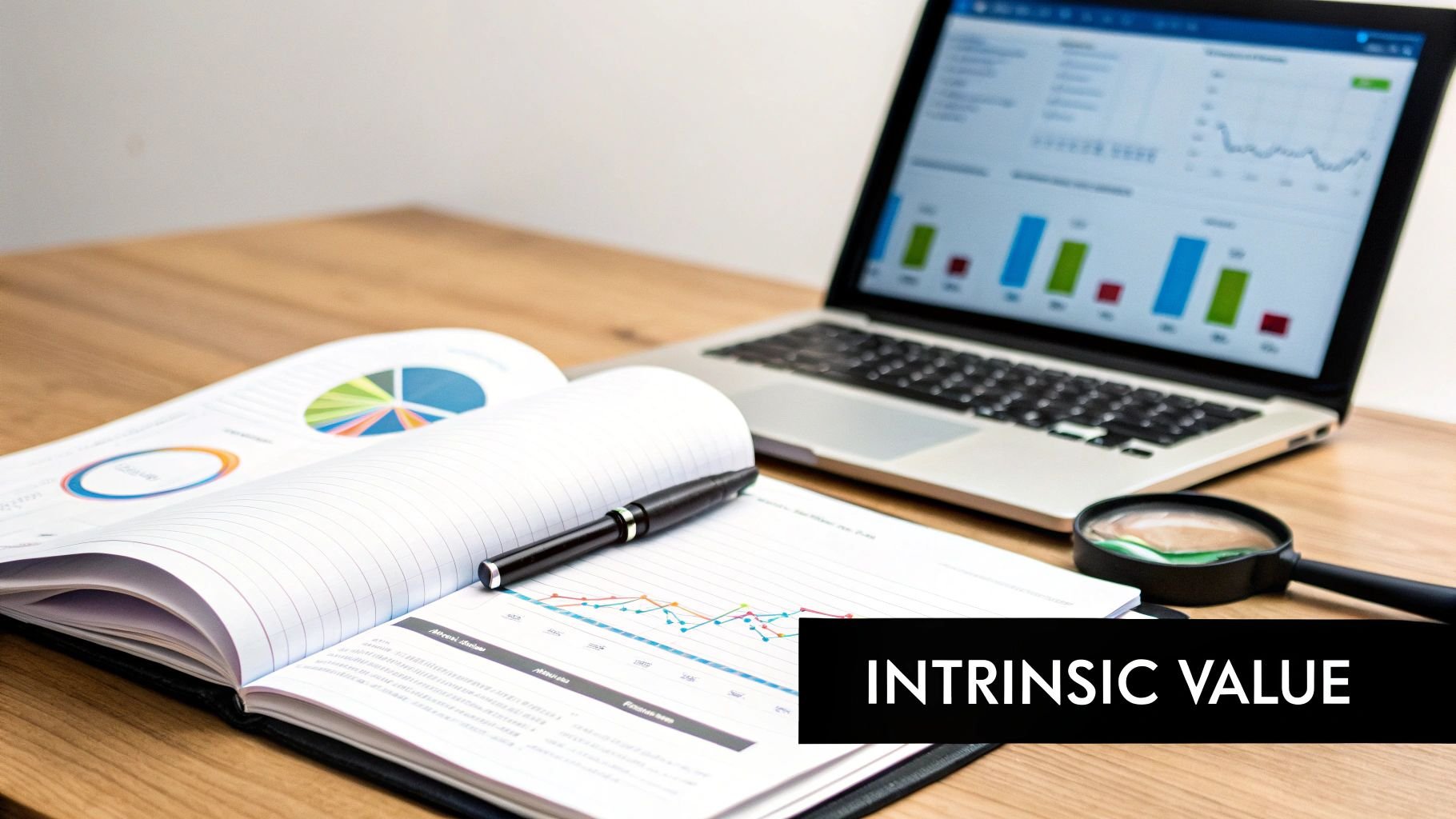 A desk setup with a laptop, open notebook, pen, and magnifying glass, displaying financial charts and 'Intrinsic Value' text.