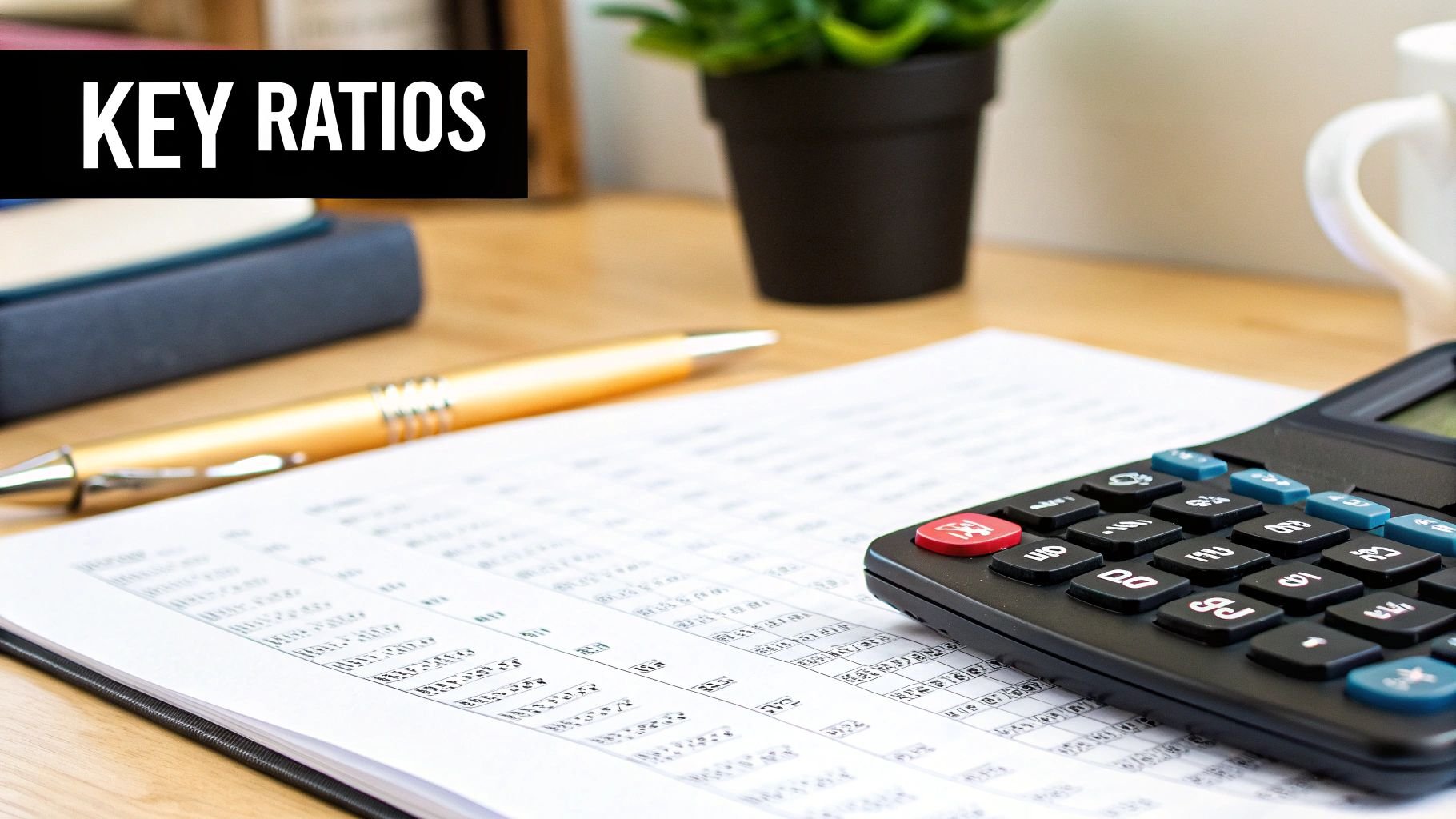 A desk scene featuring financial documents, calculator, pen, and a plant, with 'KEY RATIOS' text.