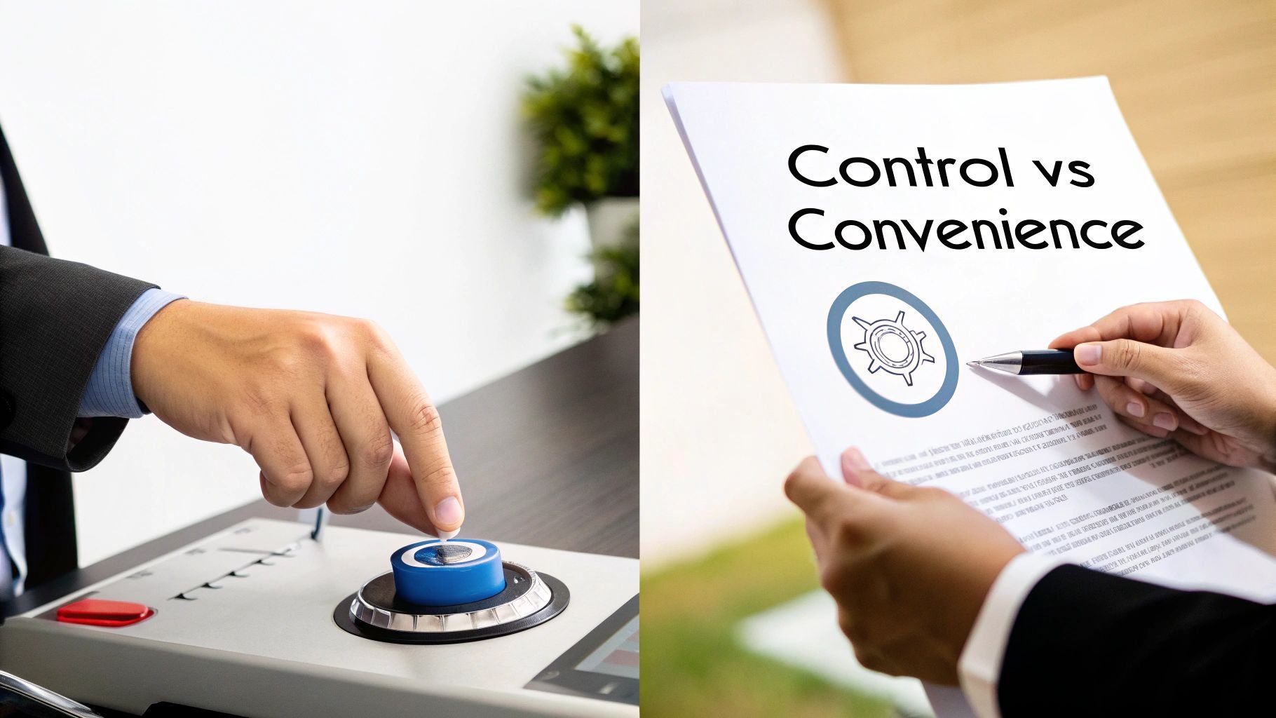 A split image: a hand presses a control button, while another holds a document titled 'Control vs Convenience'.