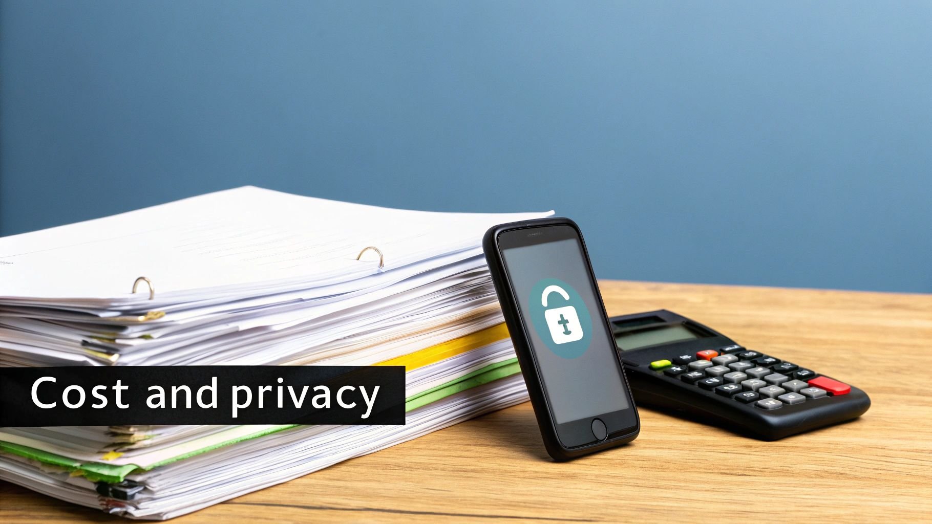 A stack of papers, a smartphone with an unlocked padlock, and a calculator on a wooden desk. Text: Cost and privacy.