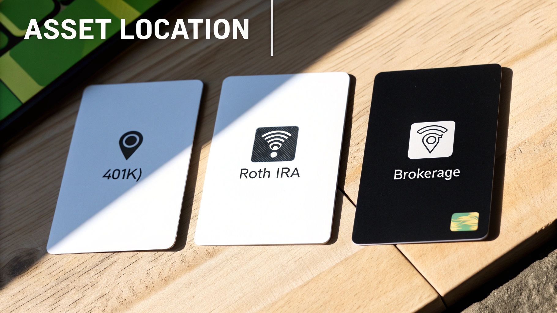 Three cards on a wooden surface, labeled '401K', 'Roth IRA', and 'Brokerage', indicating asset location.