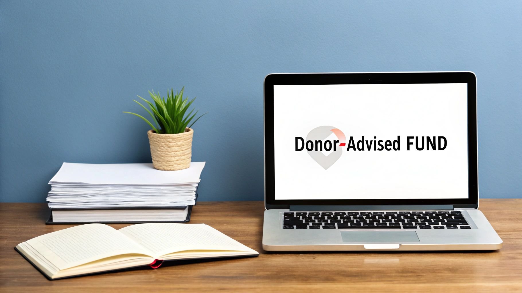 A laptop on a wooden desk displays 'Donor-Advised FUND,' alongside a plant, papers, and an open book.