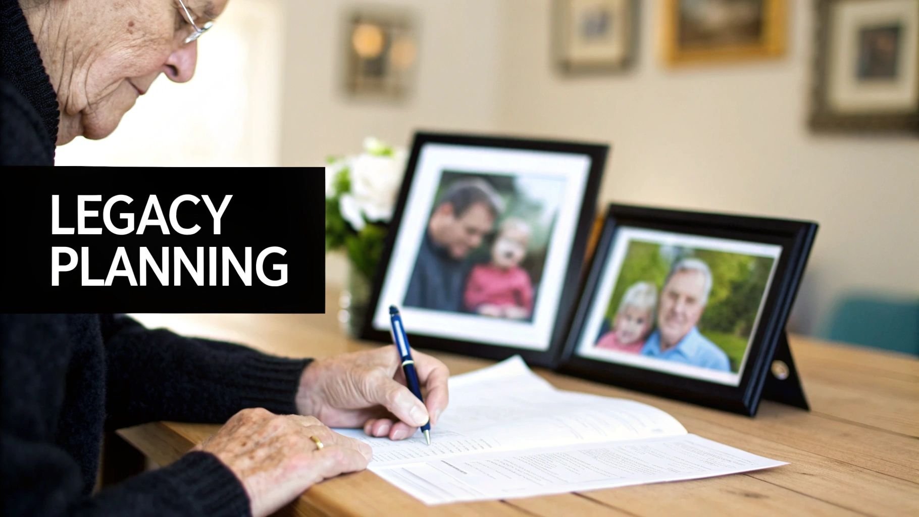 An elderly person writes on a document for legacy planning, with family photos nearby.