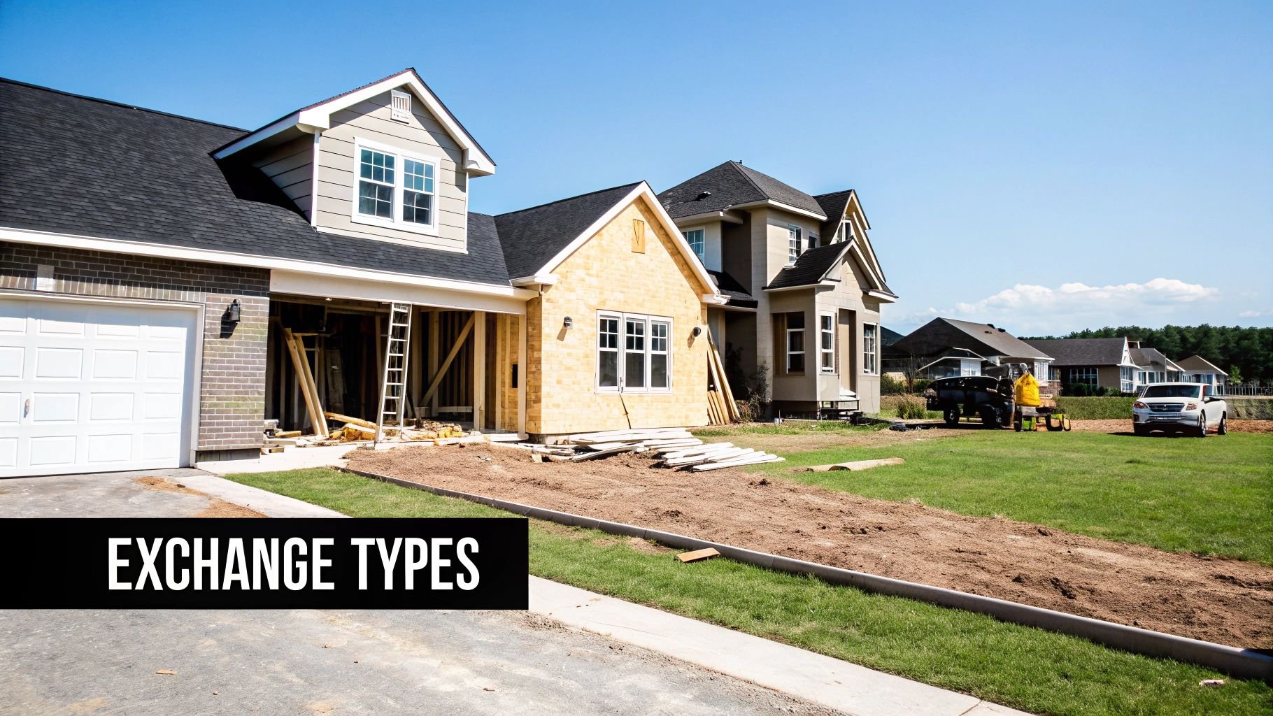 Multiple new homes under construction with a worker and truck in a residential development.