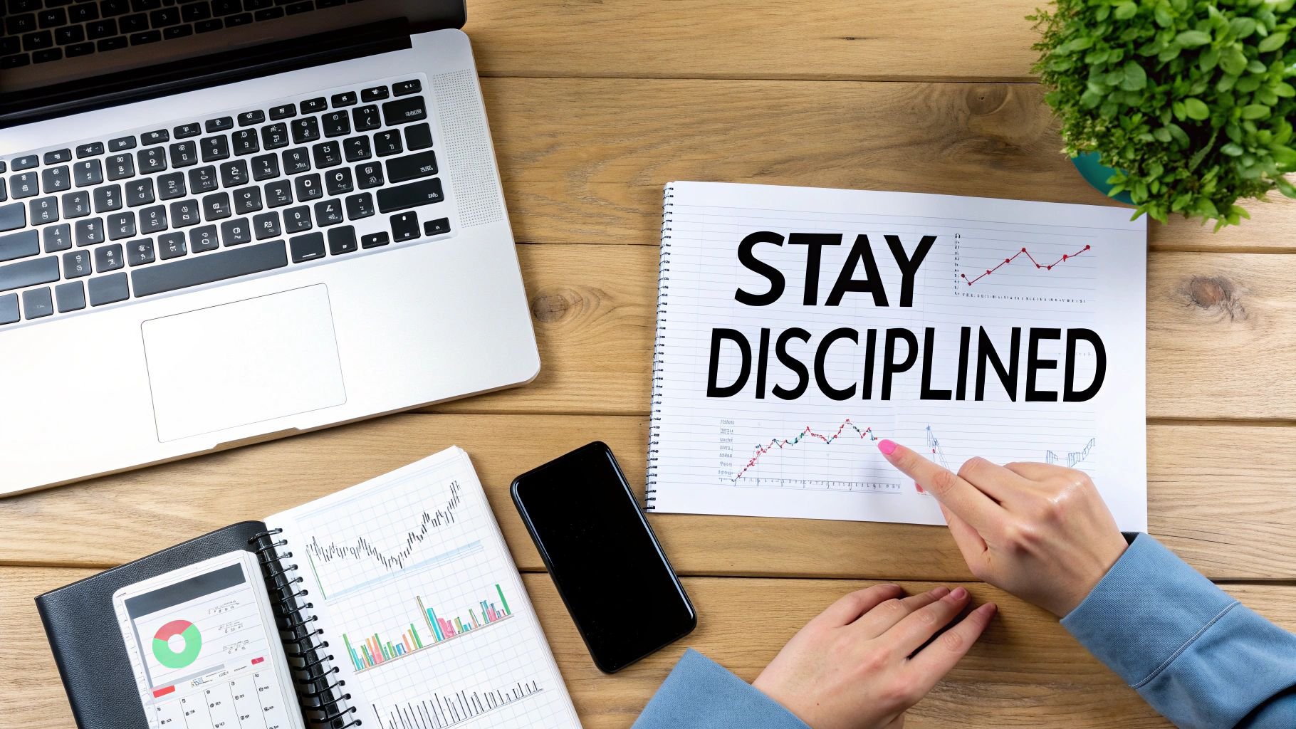 Overhead shot of a desk with laptop, smartphone, plant, and notebooks, one saying 'STAY DISCIPLINED' with graphs.