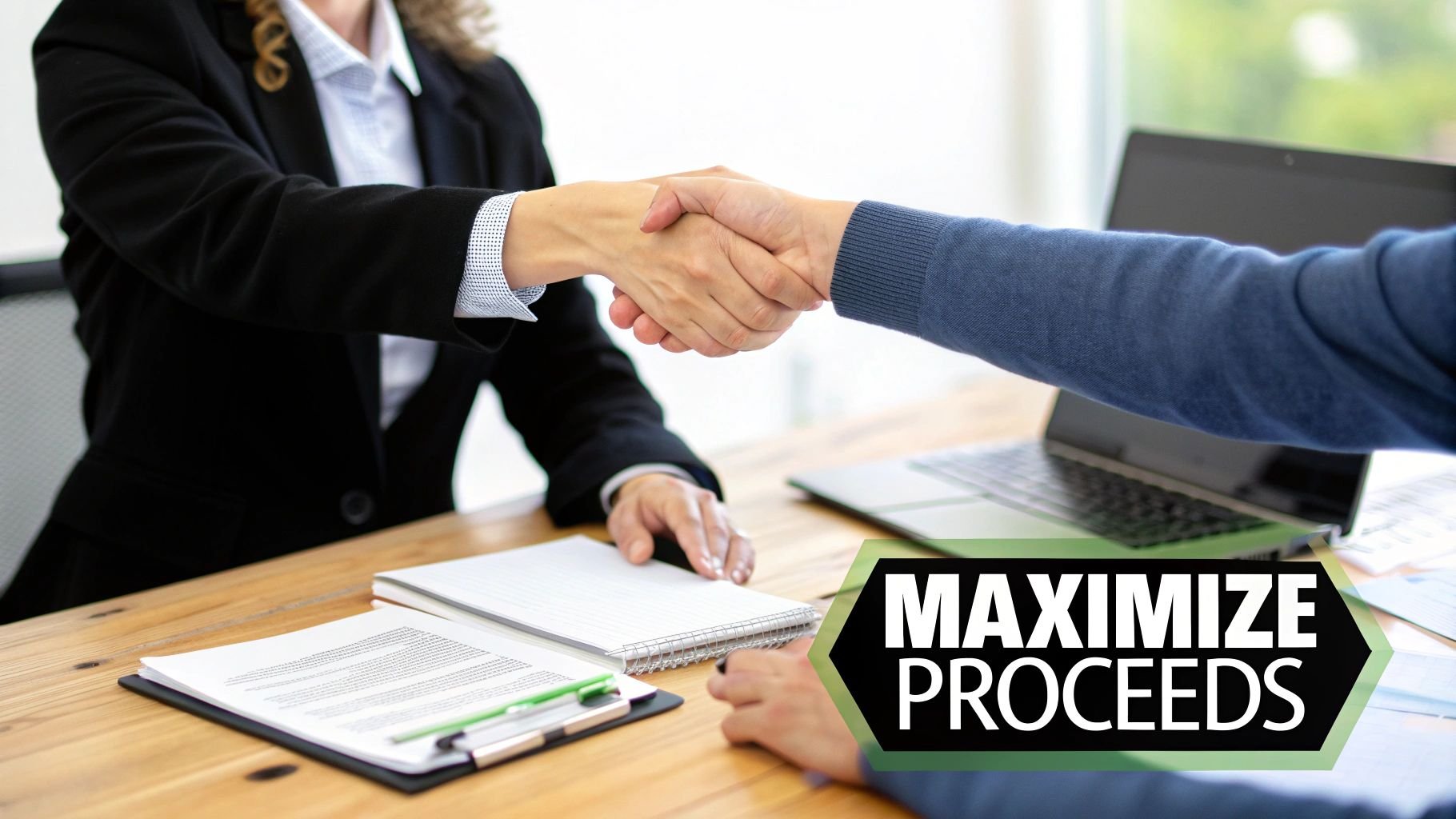 Two business professionals shake hands across a desk with documents, a laptop, and a graphic saying 'Maximize Proceeds'.