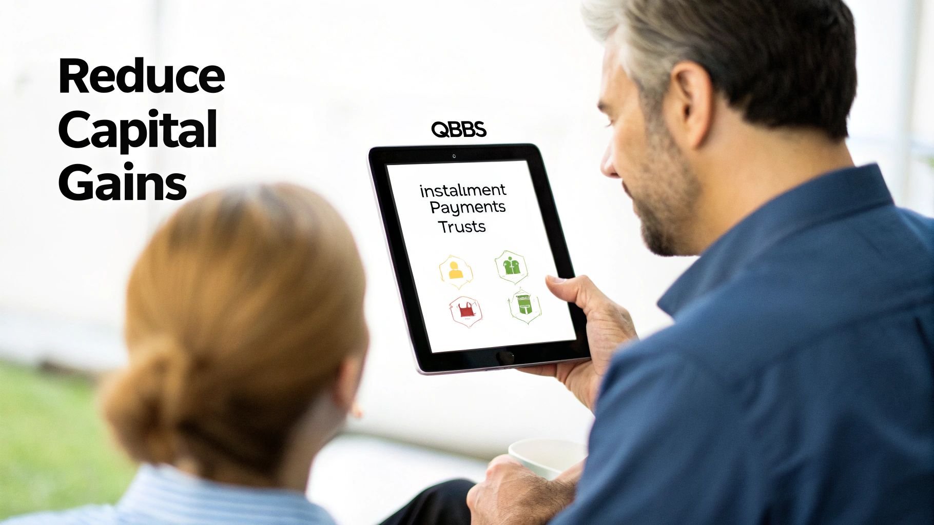 A man and woman review a tablet displaying 'Installment Payments Trusts' and a company logo, with text 'Reduce Capital Gains'.