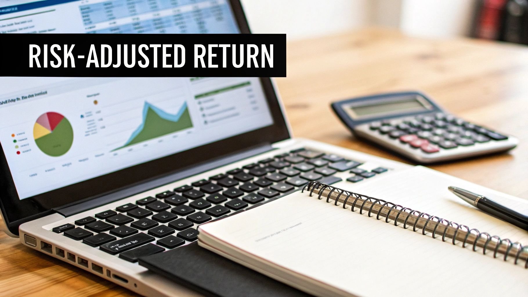 A laptop displaying financial charts and graphs, a calculator, notebook, and pen on a wooden desk with text overlay 'RISK-ADJUSTED RETURN'.