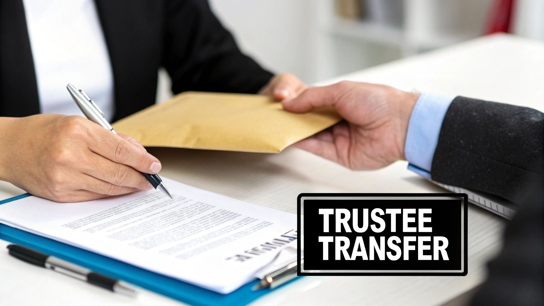 Two people at a desk, one signing documents while the other hands over an envelope for a trustee transfer.