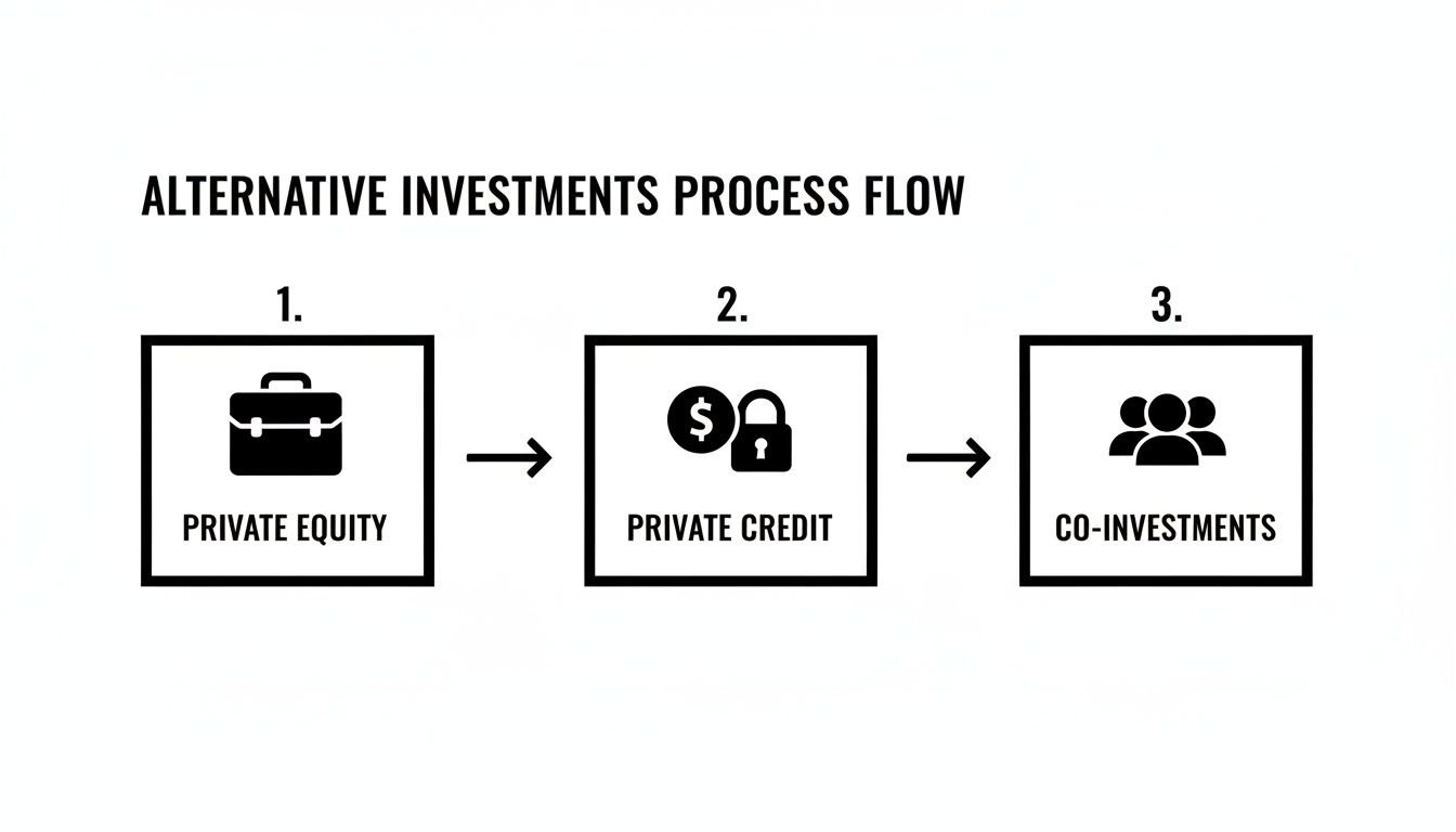 A three-step alternative investments process flow: Private Equity, Private Credit, and Co-investments.