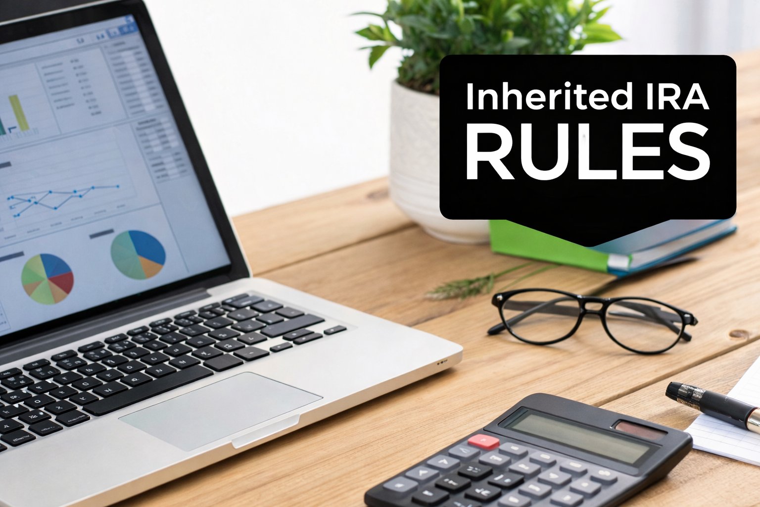 A desk with a laptop displaying financial charts, glasses, and a calculator, featuring a text overlay 'Inherited IRA RULES'.