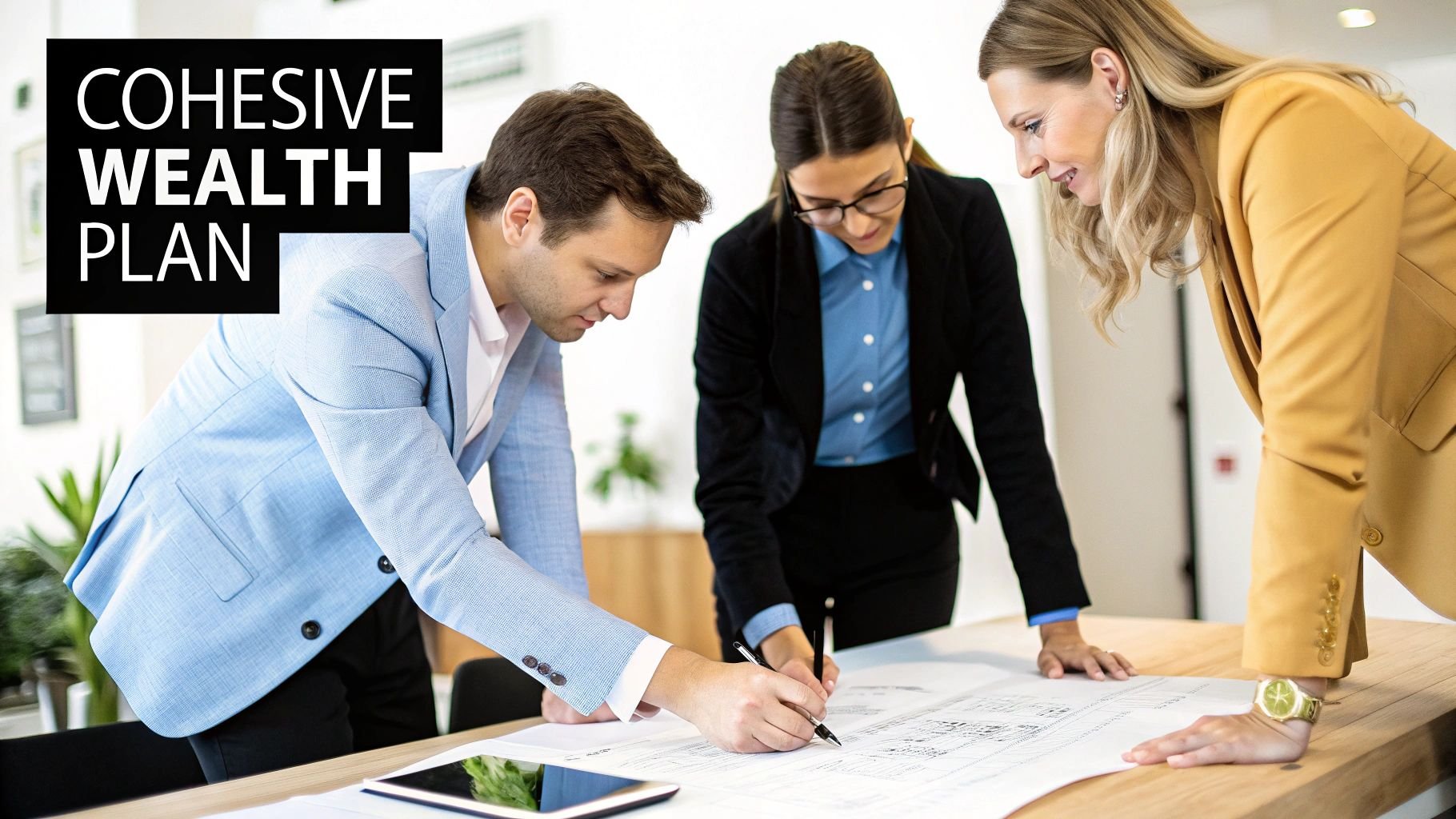 Three financial advisors review documents on a table, discussing a cohesive wealth plan.