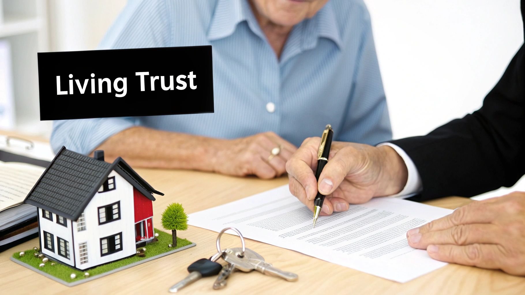 A lawyer and an older client signing a living trust document with a house model and keys.