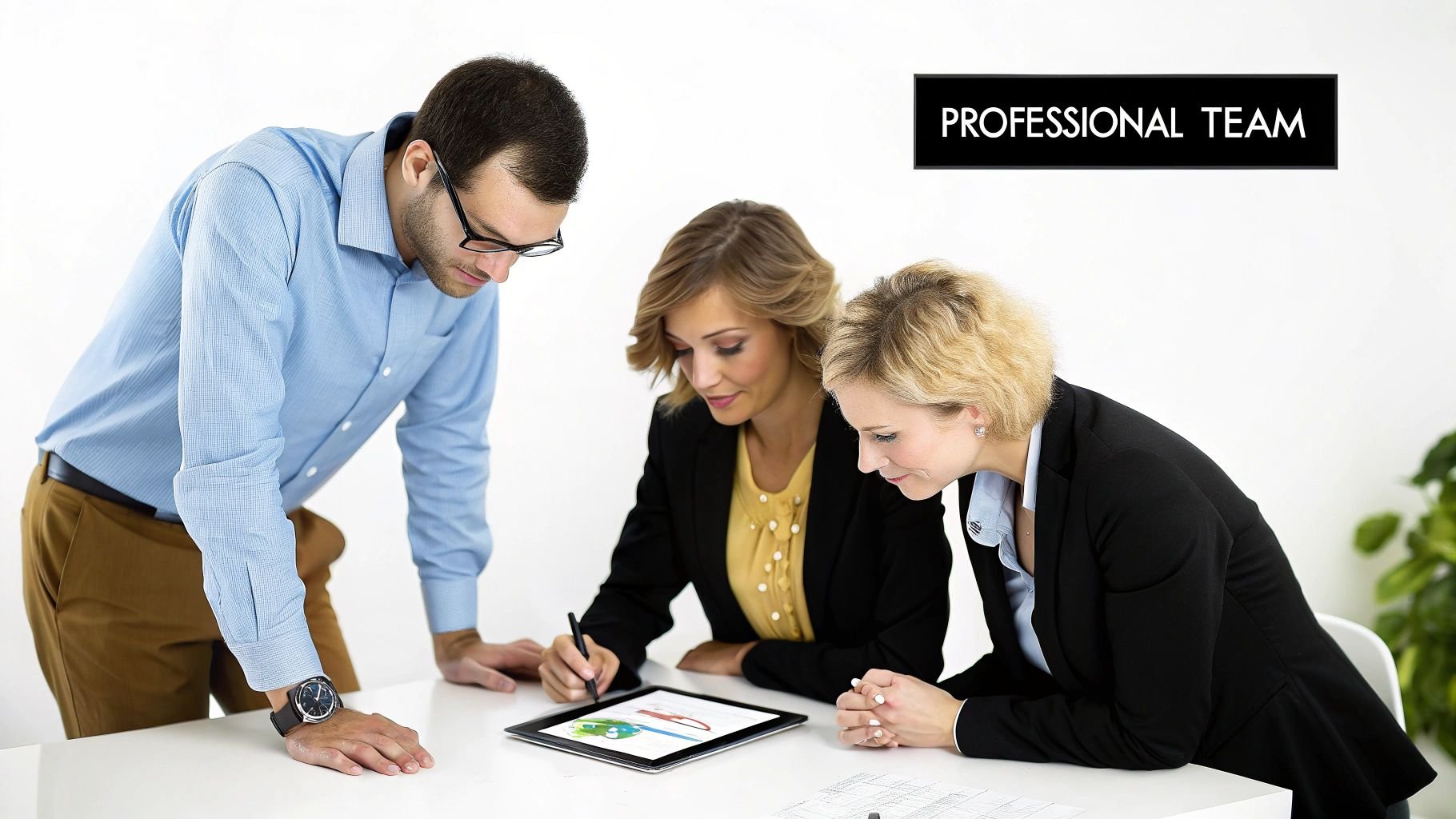 Three business professionals collaborate, looking at a tablet with a graph, under a 'PROFESSIONAL TEAM' sign.