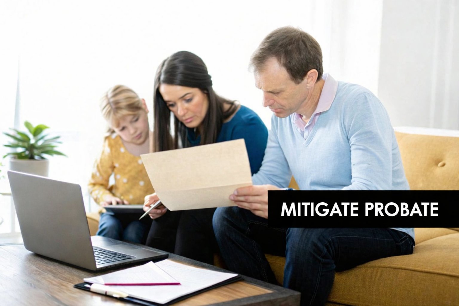 A family of three, including a man, woman, and child, reviews documents and a laptop.