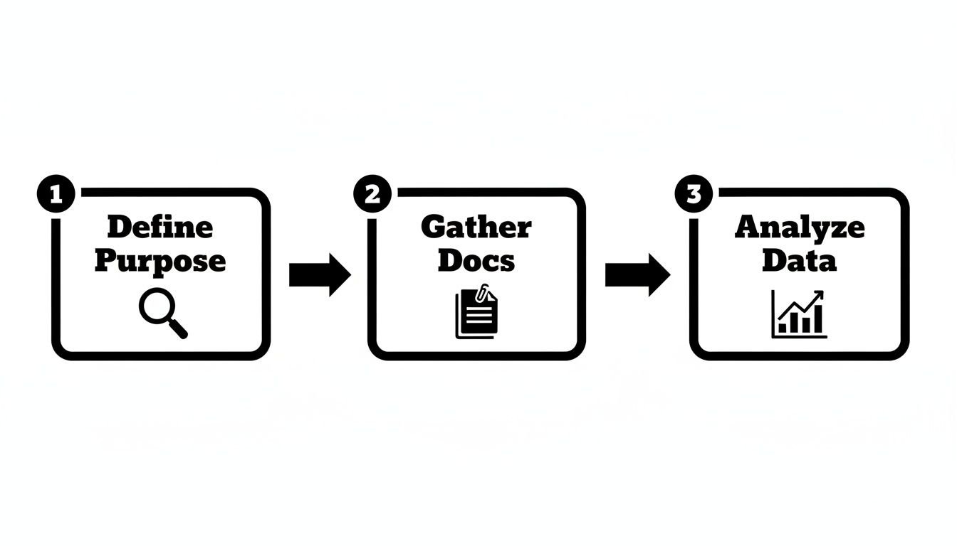 A three-step flowchart illustrates a process: Define Purpose, Gather Docs, and Analyze Data.