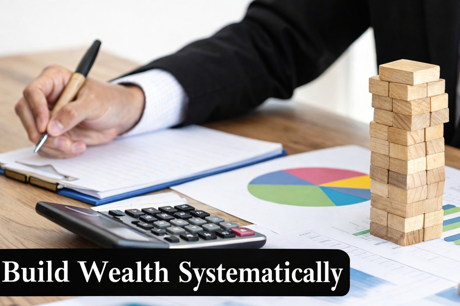 A person writing, with a calculator, pie chart, and wooden blocks on a desk, illustrating systematic wealth building.