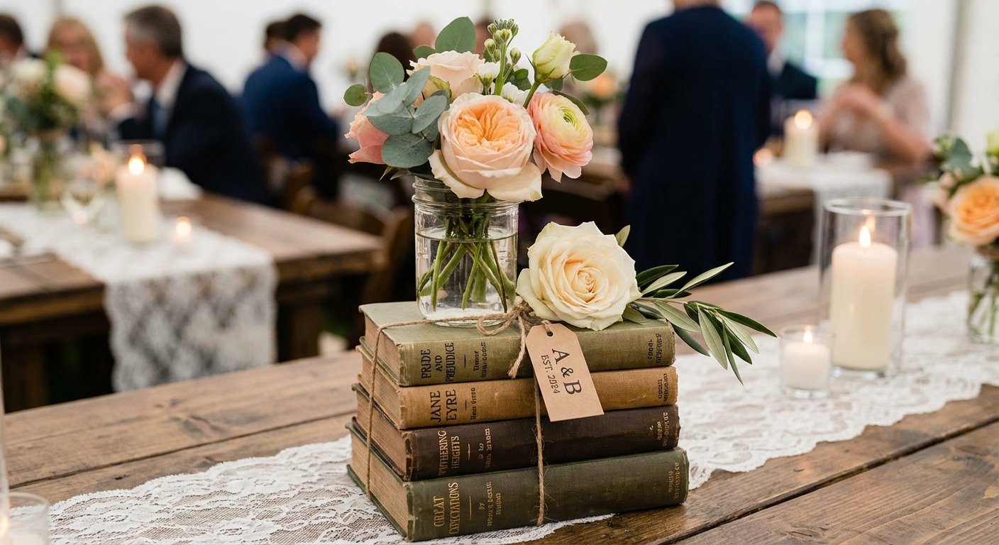 A rustic wedding centerpiece featuring a stack of vintage books, fresh flowers, and candles.