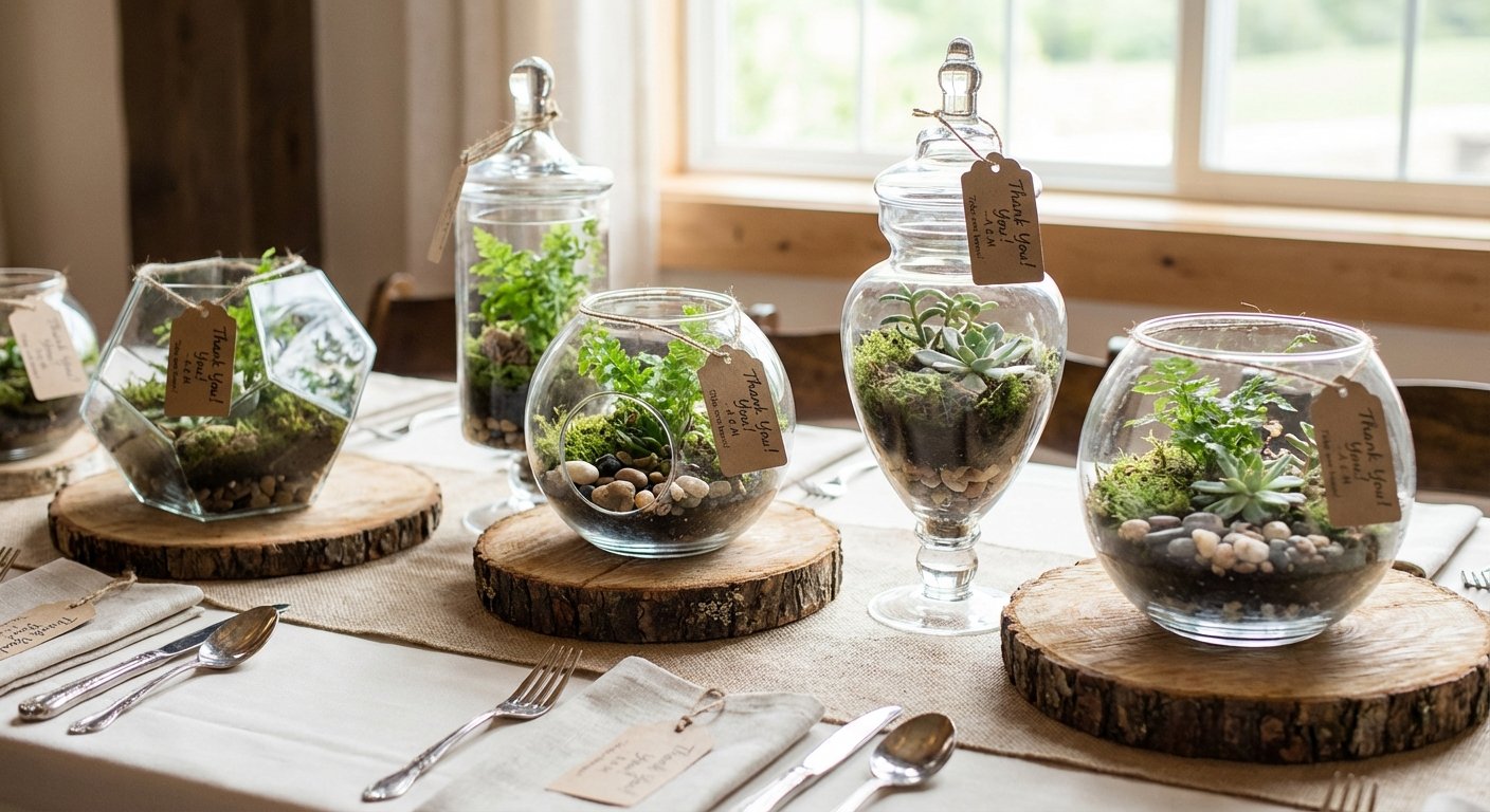 A rustic table setting features several glass terrariums with plants, moss, and pebbles on wood slices.