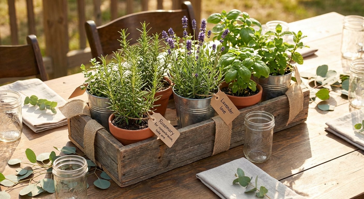 A rustic outdoor table centerpiece featuring potted rosemary, lavender, basil, and mint in a wooden box.