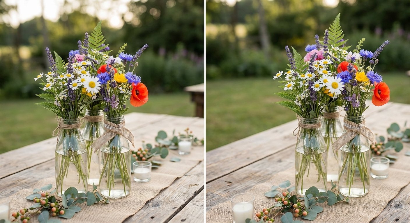 Rustic outdoor wedding table with three wild flower bouquets in milk bottles and candles.
