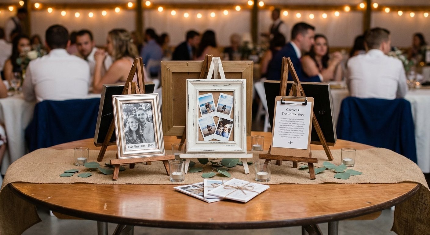 Rustic wedding reception table with personalized photo frames, story, candles, and eucalyptus decorations.