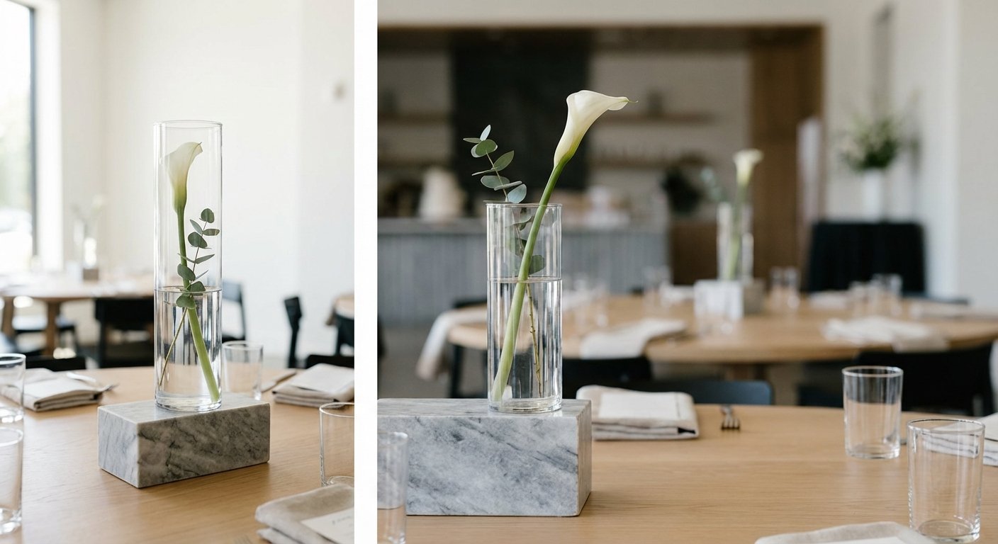 An elegant table setting featuring a clear glass vase with a white calla lily and eucalyptus on a marble base.
