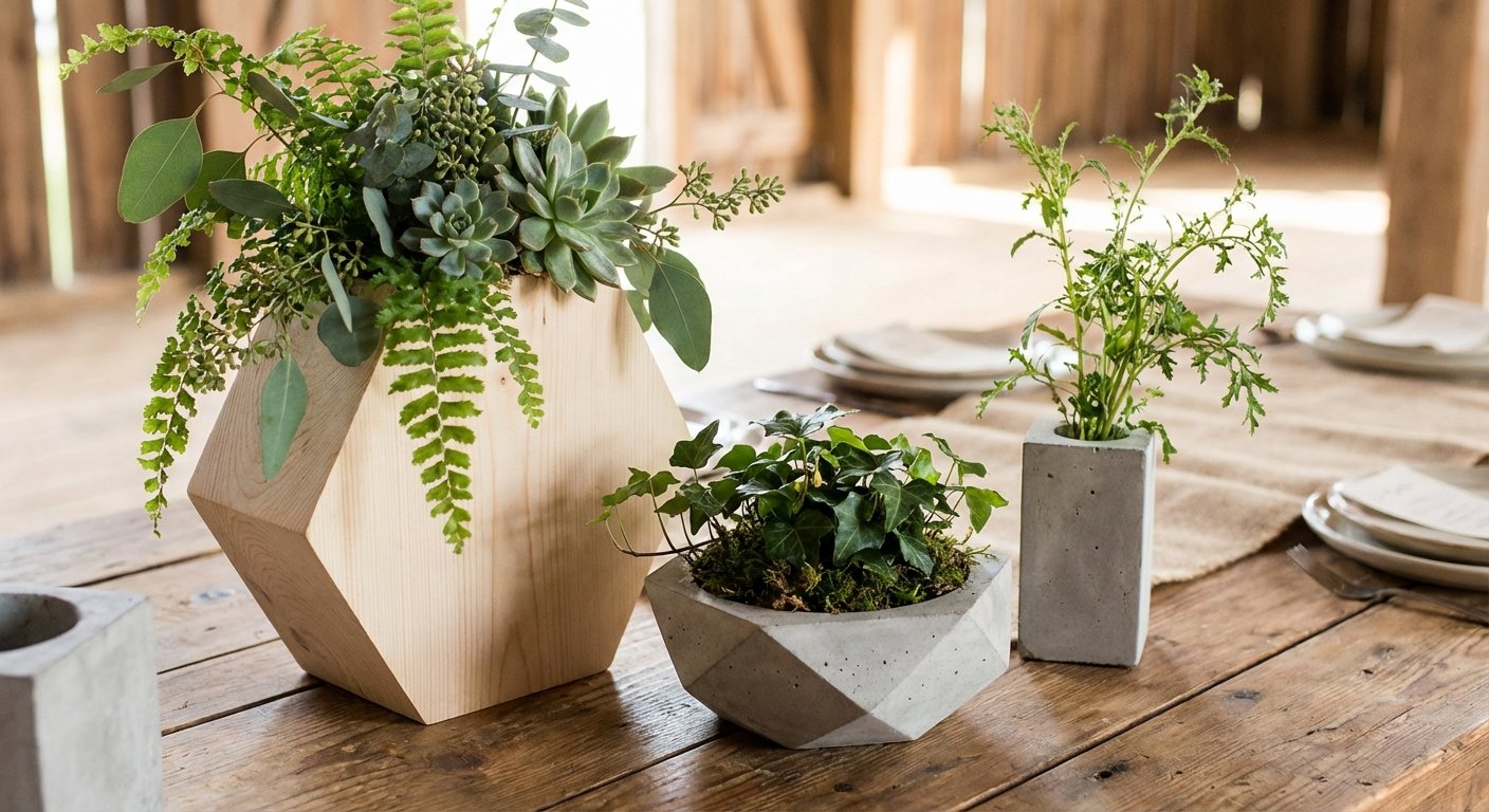 A rustic wooden table features unique planters: a large wooden one with ferns and succulents, and two concrete pots with green plants.