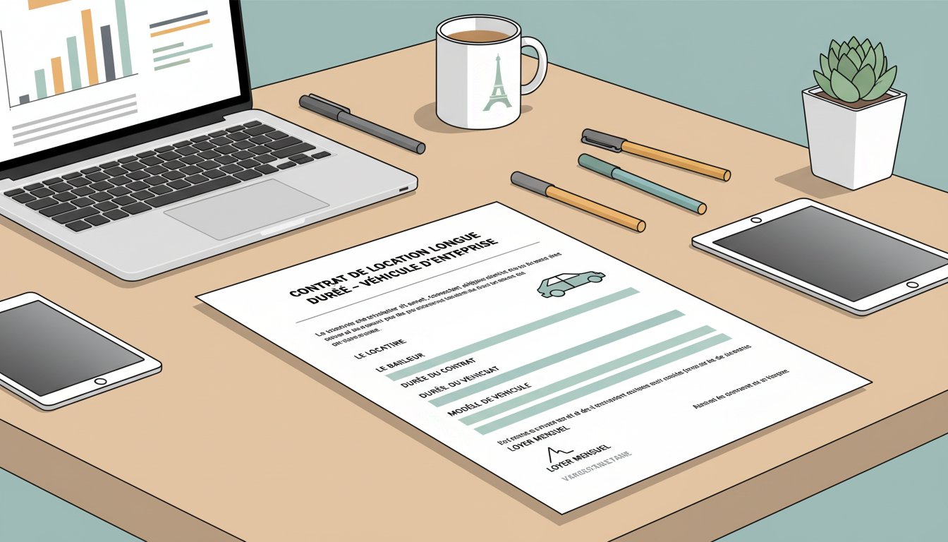 Bureau organisé avec un contrat de location longue durée, un ordinateur portable, une tablette, un smartphone, et des stylos.