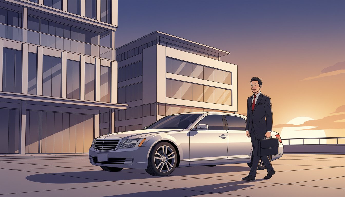 Un homme d'affaires élégant marche près d'une voiture de luxe devant des bâtiments modernes au coucher du soleil.