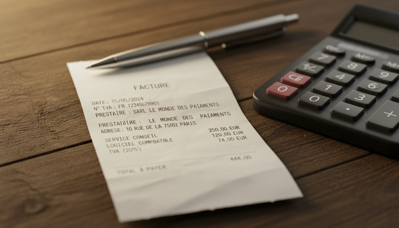 Reçu de facture, stylo et calculatrice sur une table en bois, illustrant des calculs de TVA.