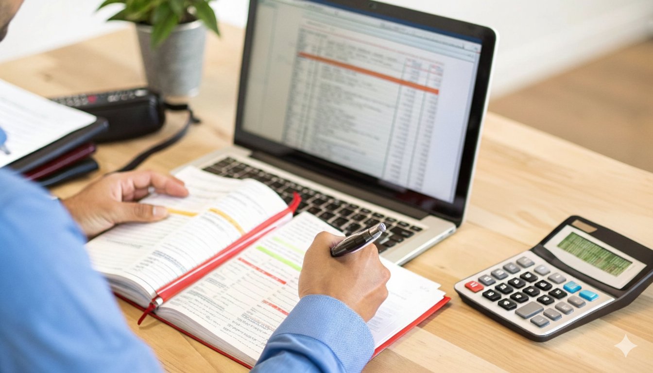 Un homme analyse des données sur un ordinateur portable, prend des notes dans un carnet à côté d'une calculatrice.