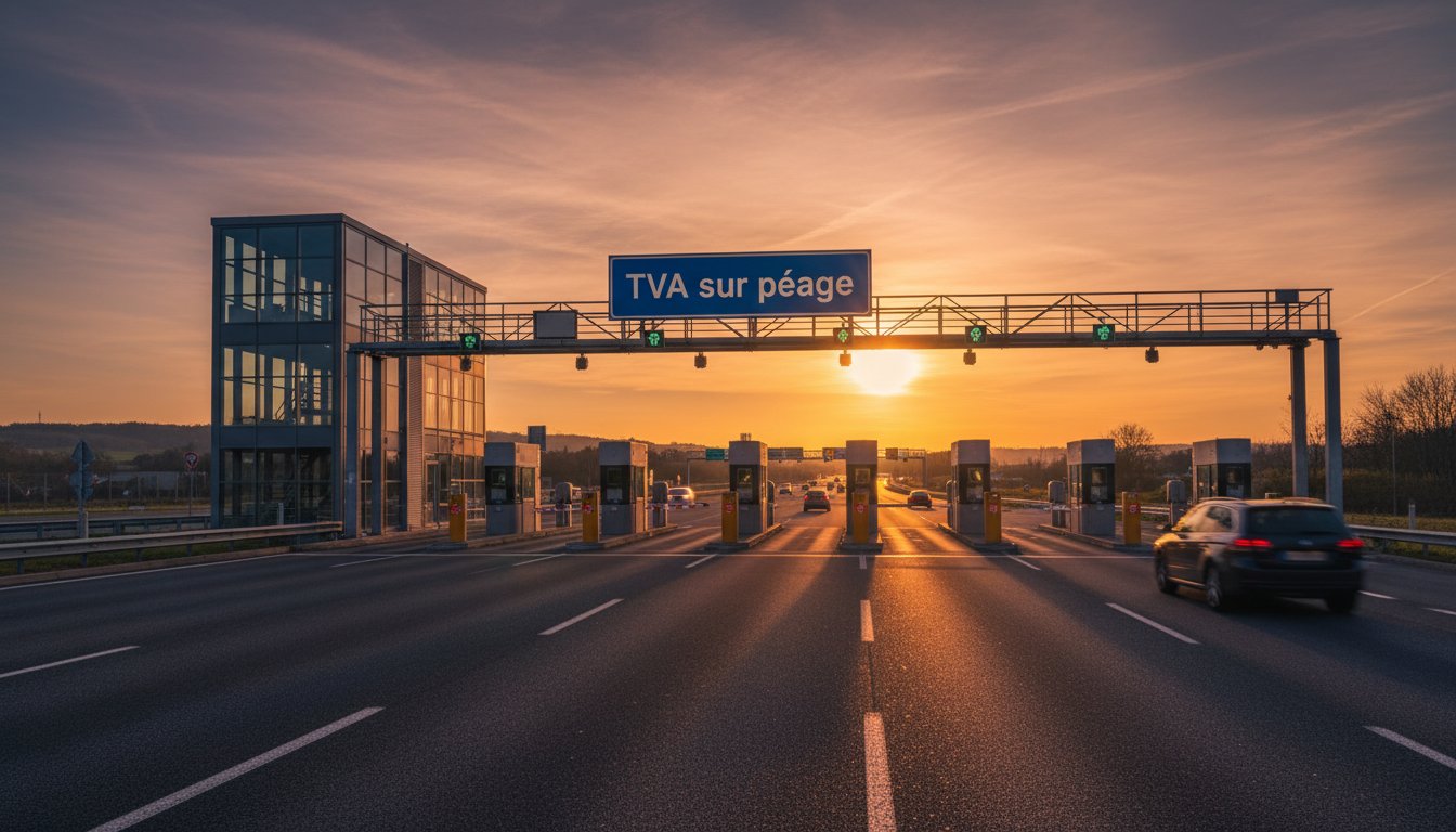 Péage autoroutier au coucher du soleil, avec le panneau "TVA sur péage" et des voitures.