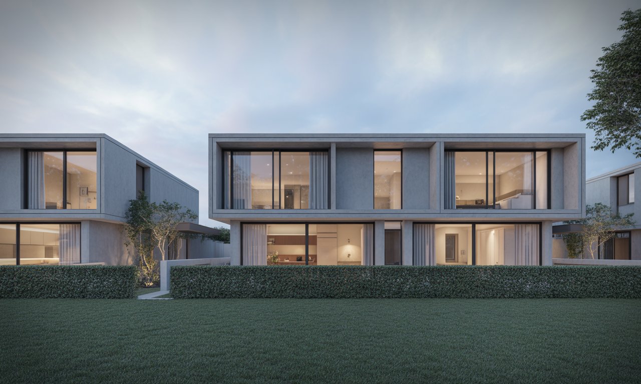 Maisons modernes en béton gris avec de grandes fenêtres éclairées, pelouse verte et haies, sous un ciel de crépuscule.