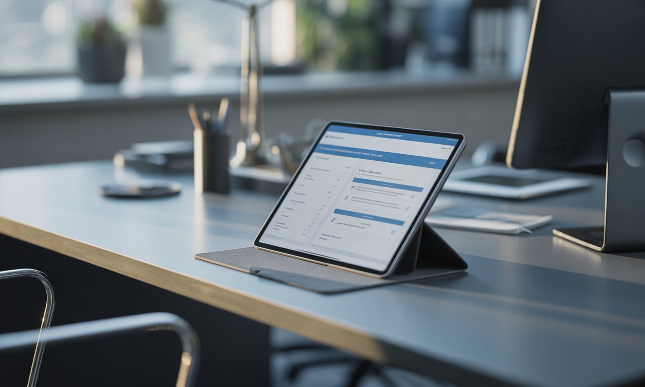 Une tablette affichant un tableau de bord est posée sur un bureau moderne, à côté d'un écran d'ordinateur, dans un environnement de bureau lumineux.