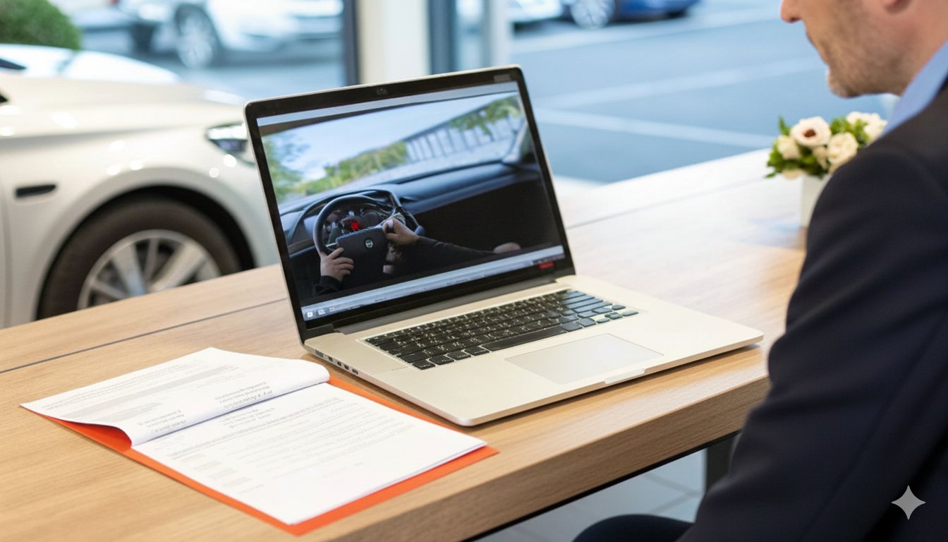 Un homme regarde une vidéo de conduite automobile sur un ordinateur portable, avec des documents et une voiture blanche en arrière-plan.